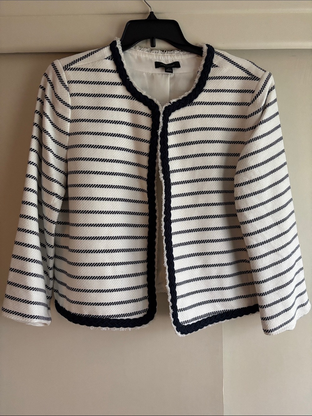 Ann Taylor Striped White and Navy Cropped Jacket